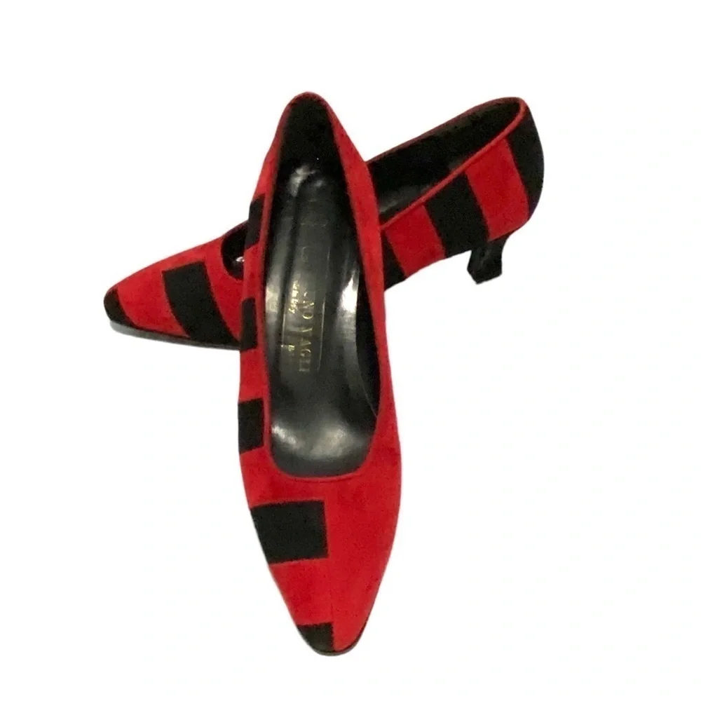 Vintage Bruno Magli Italian Black Red Suede Kitten Heel Pumps Shoes Size 7AA Y2K